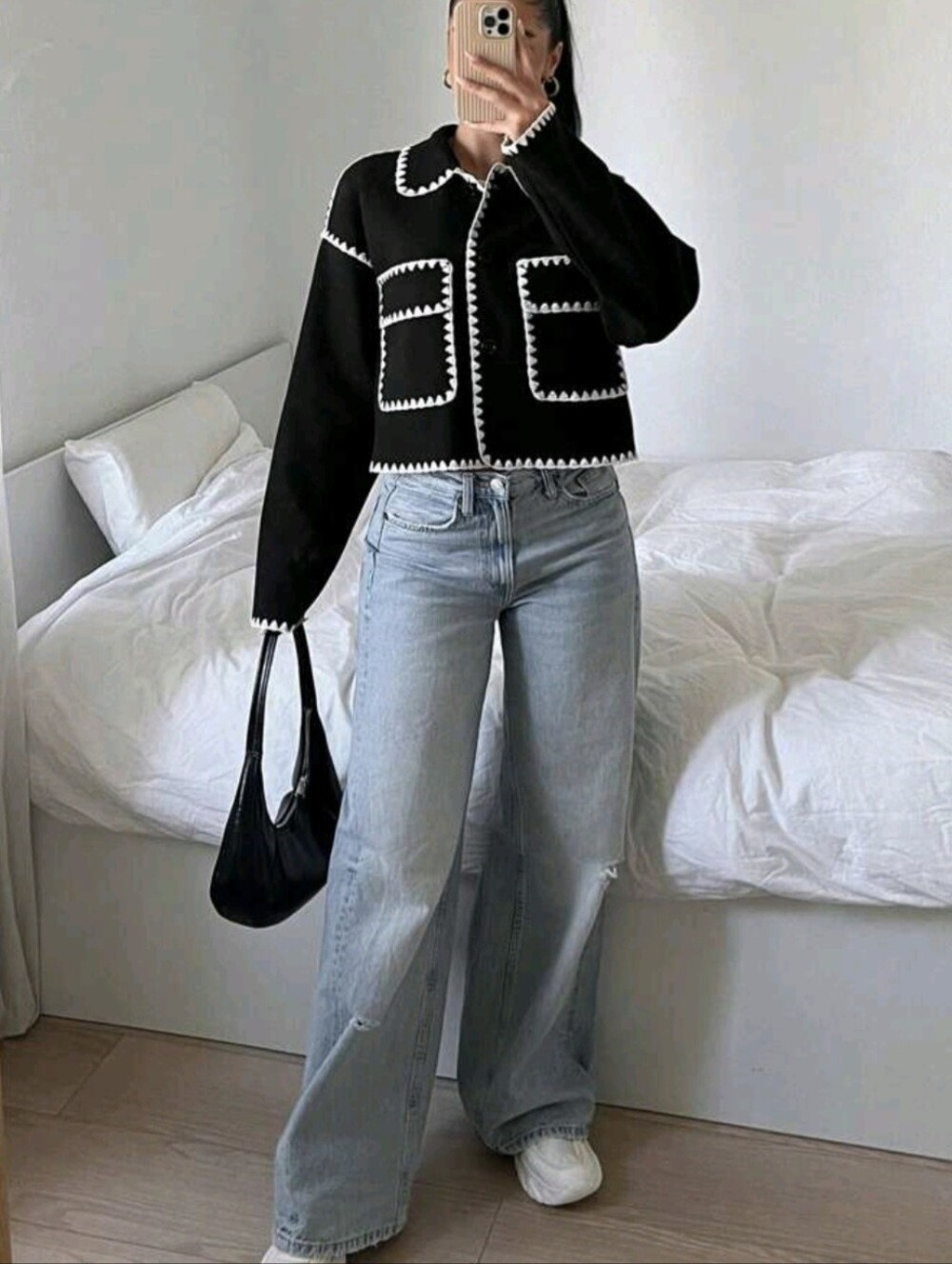 Contrast Color Cropped Jacket In Autumn Office Black Elegant - Picture 5 of 5